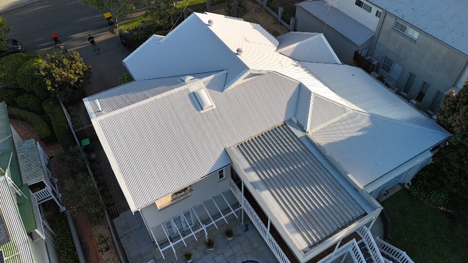 Newly installed colorbond roof captured by drone in Brisbane